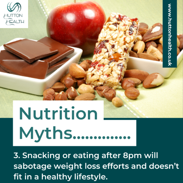 Nutrition Myth:	Snacking or eating after 8pm will sabotage weight loss efforts and doesn’t fit in a healthy lifestyle.